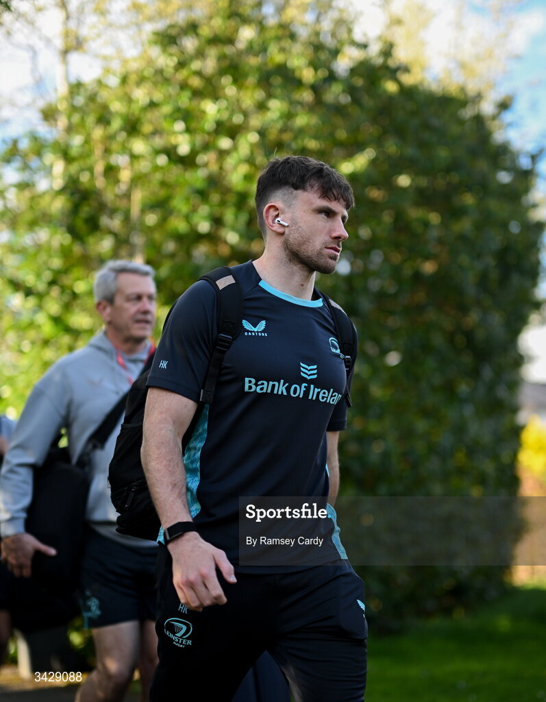 17 April 2026; Hugo Keenan of Leinster arrives before the United Rugby Championship match between Ulster and Leinster at Affidea Stadium in Belfast. Photo by Ramsey Cardy/Sportsfile