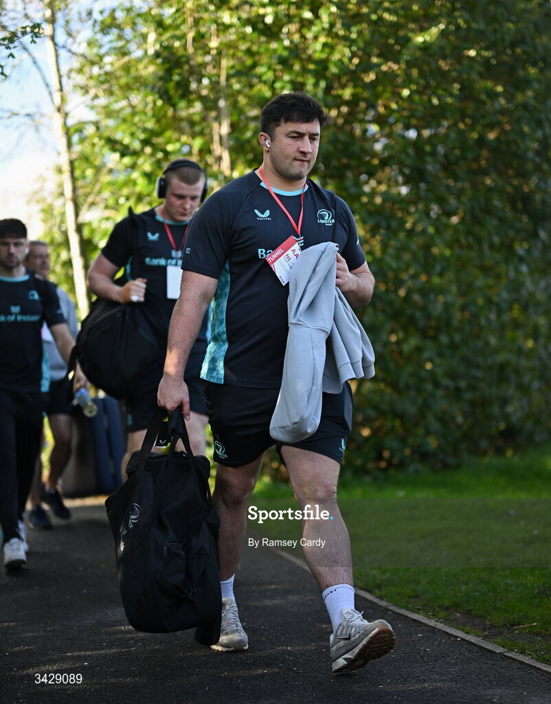 17 April 2026; Thomas Clarkson of Leinster arrives before the United Rugby Championship match between Ulster and Leinster at Affidea Stadium in Belfast. Photo by Ramsey Cardy/Sportsfile