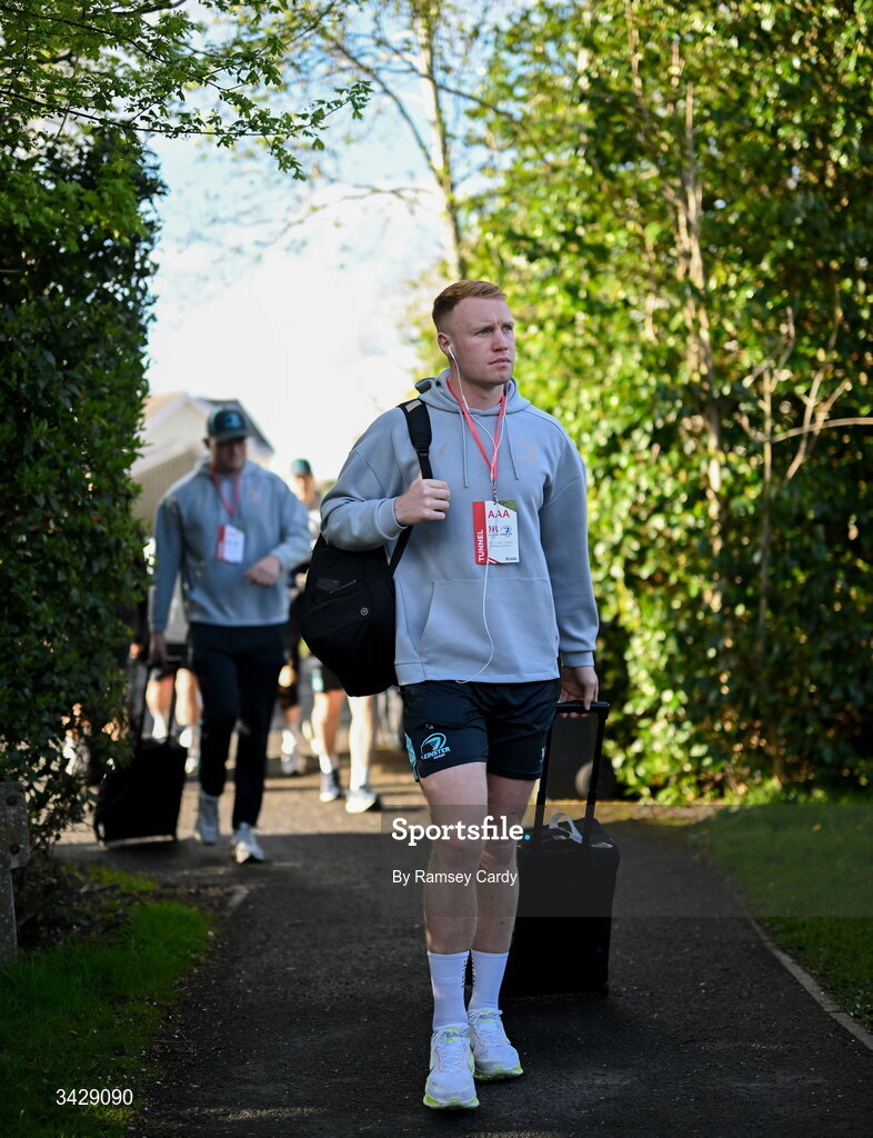 17 April 2026; Ciarán Frawley of Leinster arrives before the United Rugby Championship match between Ulster and Leinster at Affidea Stadium in Belfast. Photo by Ramsey Cardy/Sportsfile