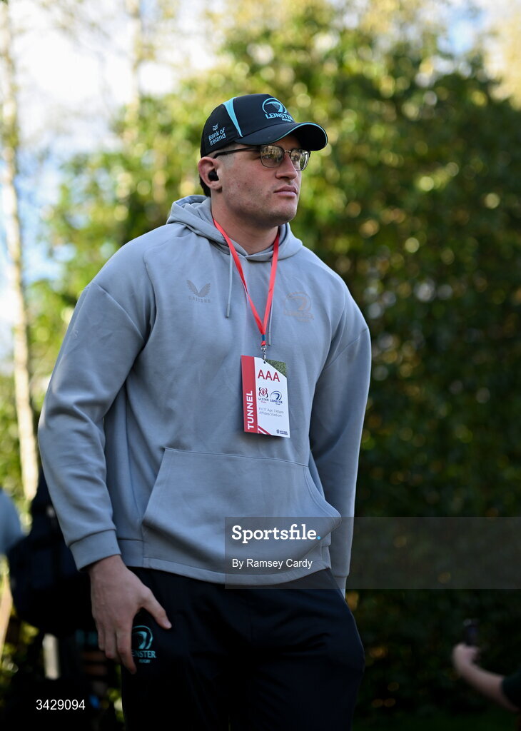 17 April 2026; Alex Soroka of Leinster arrives before the United Rugby Championship match between Ulster and Leinster at Affidea Stadium in Belfast. Photo by Ramsey Cardy/Sportsfile