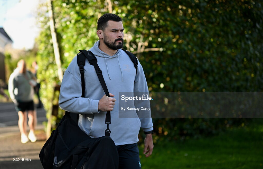 17 April 2026; Max Deegan of Leinster arrives before the United Rugby Championship match between Ulster and Leinster at Affidea Stadium in Belfast. Photo by Ramsey Cardy/Sportsfile