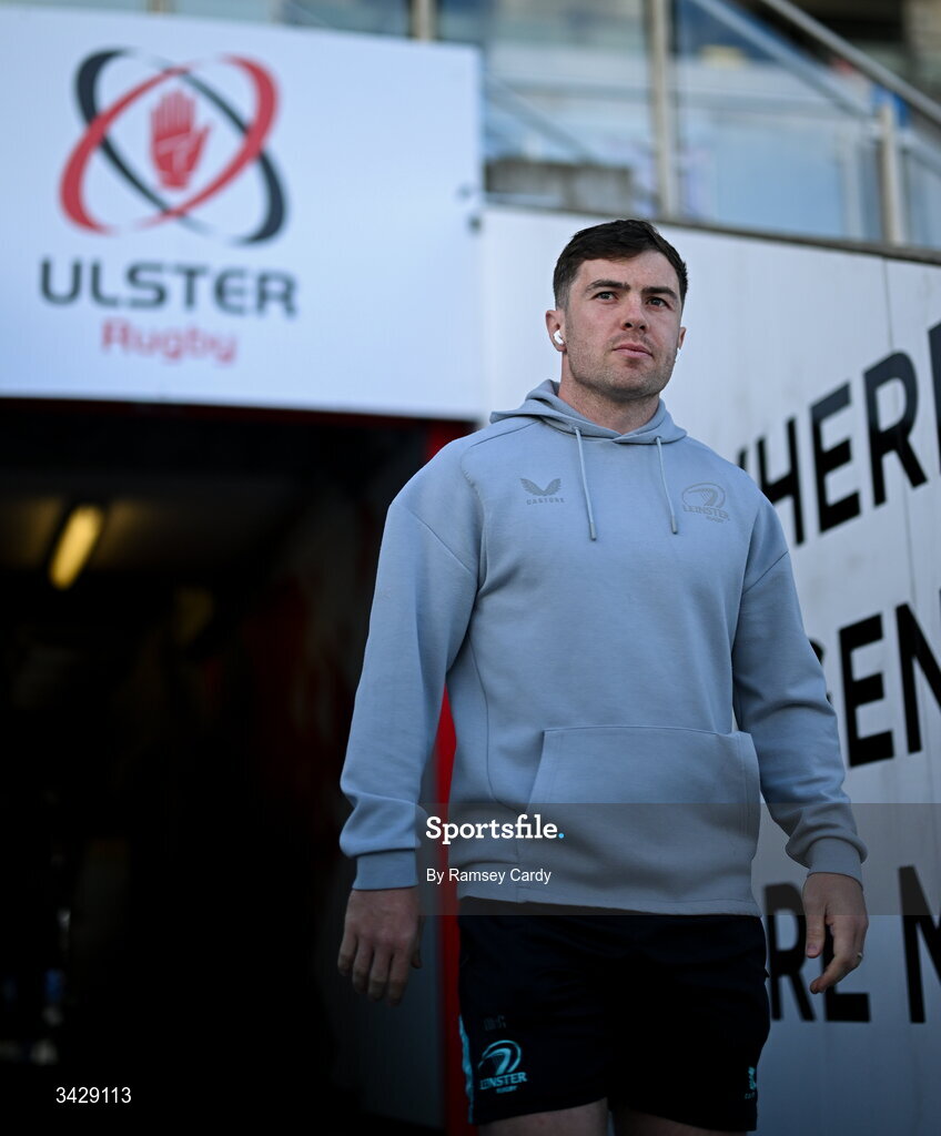 17 April 2026; Luke McGrath of Leinster before the United Rugby Championship match between Ulster and Leinster at Affidea Stadium in Belfast. Photo by Ramsey Cardy/Sportsfile