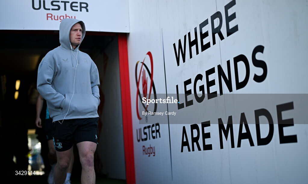 17 April 2026; Ciarán Frawley of Leinster before the United Rugby Championship match between Ulster and Leinster at Affidea Stadium in Belfast. Photo by Ramsey Cardy/Sportsfile
