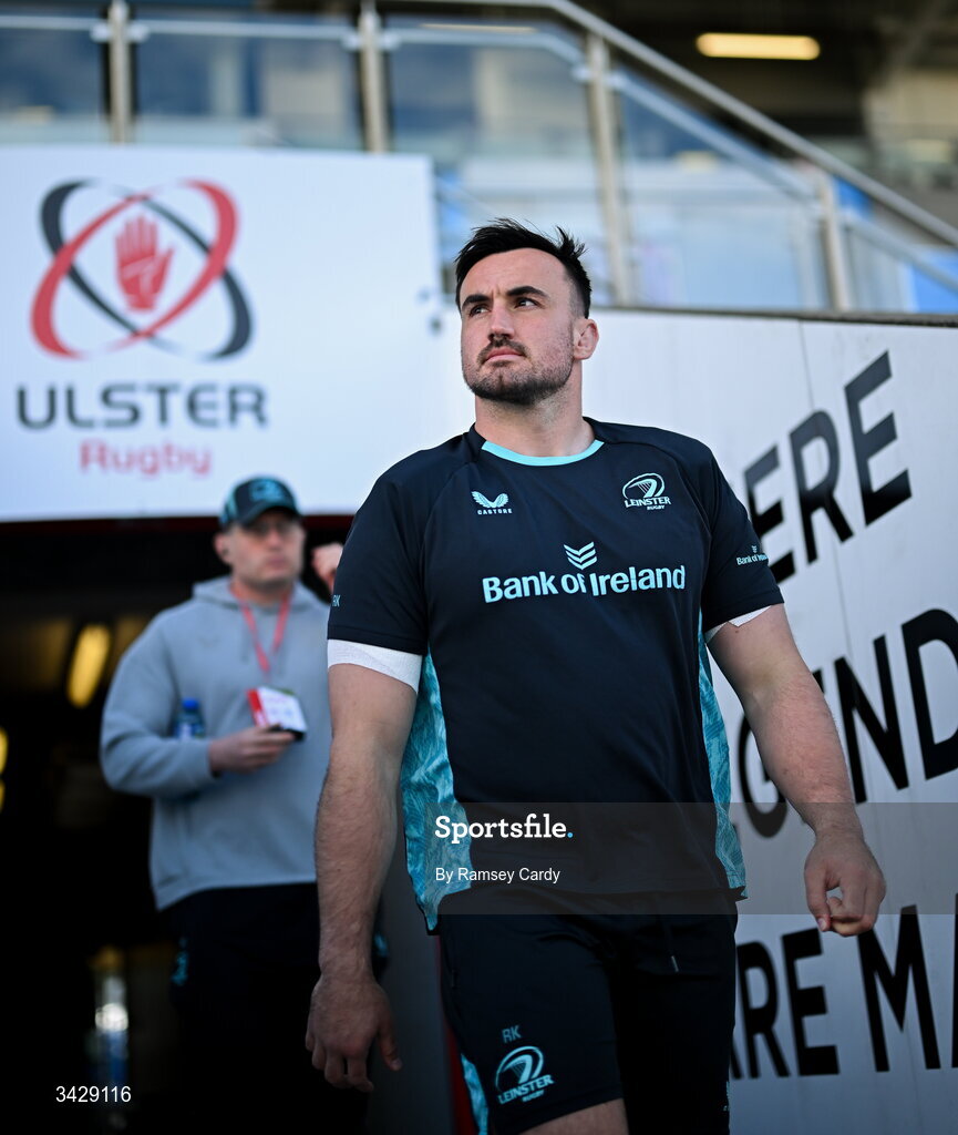 17 April 2026; Rónan Kelleher of Leinster before the United Rugby Championship match between Ulster and Leinster at Affidea Stadium in Belfast. Photo by Ramsey Cardy/Sportsfile
