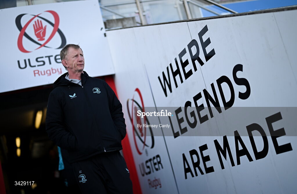 17 April 2026; Leinster head coach Leo Cullen before the United Rugby Championship match between Ulster and Leinster at Affidea Stadium in Belfast. Photo by Ramsey Cardy/Sportsfile