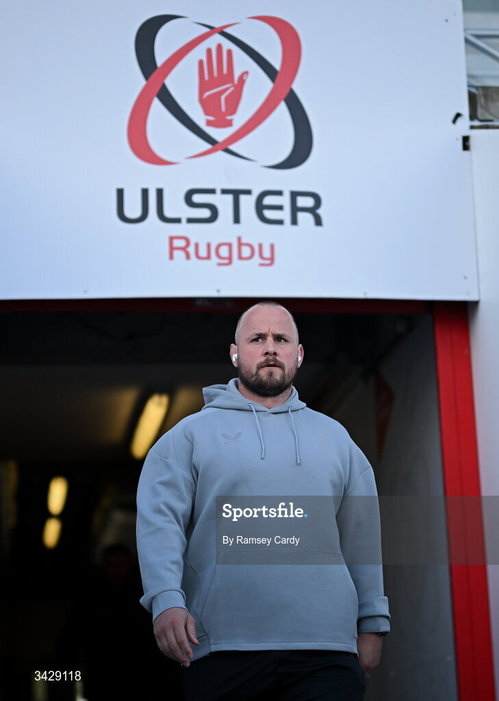 17 April 2026; Ed Byrne of Leinster before the United Rugby Championship match between Ulster and Leinster at Affidea Stadium in Belfast. Photo by Ramsey Cardy/Sportsfile