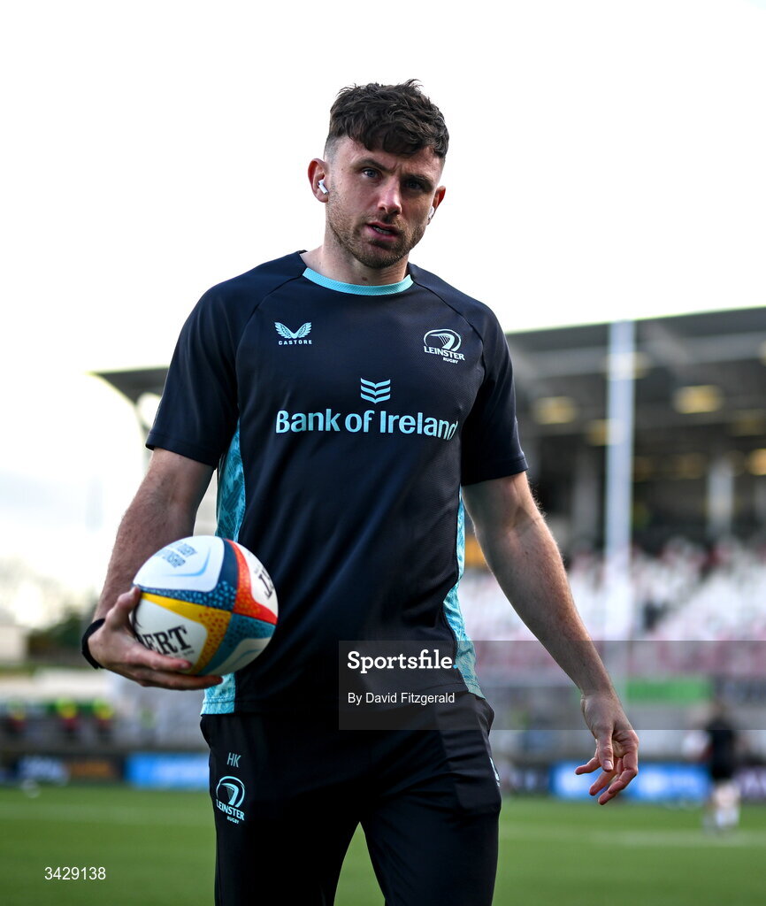17 April 2026; Hugo Keenan of Leinster walks the pitch before the United Rugby Championship match between Ulster and Leinster at Affidea Stadium in Belfast. Photo by David Fitzgerald/Sportsfile
