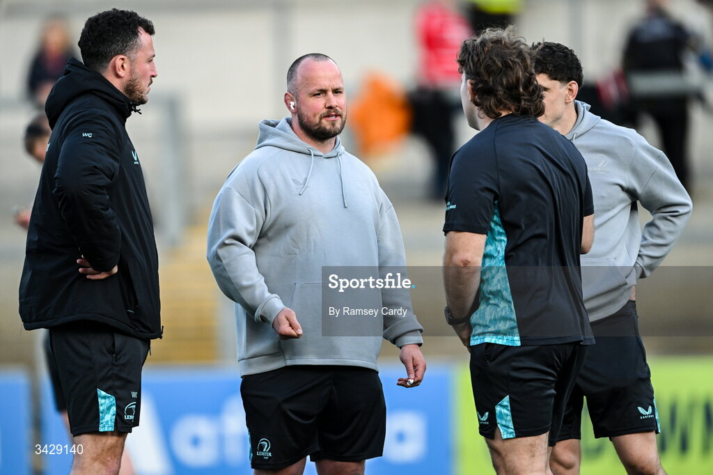 17 April 2026; Leinster players, from left, Will Connors, Ed Byrne, John McKee and Cormac Foley before the United Rugby Championship match between Ulster and Leinster at Affidea Stadium in Belfast. Photo by Ramsey Cardy/Sportsfile