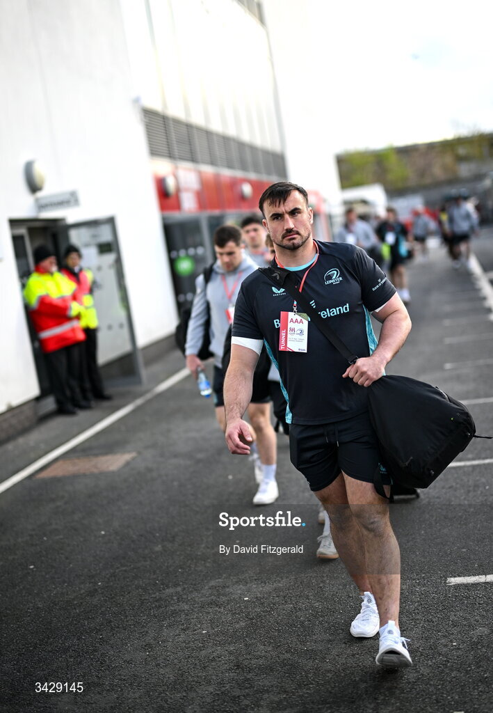 17 April 2026; Rónan Kelleher of Leinster arrives before the United Rugby Championship match between Ulster and Leinster at Affidea Stadium in Belfast. Photo by David Fitzgerald/Sportsfile