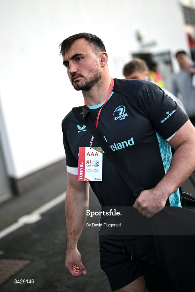 17 April 2026; Rónan Kelleher of Leinster arrives before the United Rugby Championship match between Ulster and Leinster at Affidea Stadium in Belfast. Photo by David Fitzgerald/Sportsfile