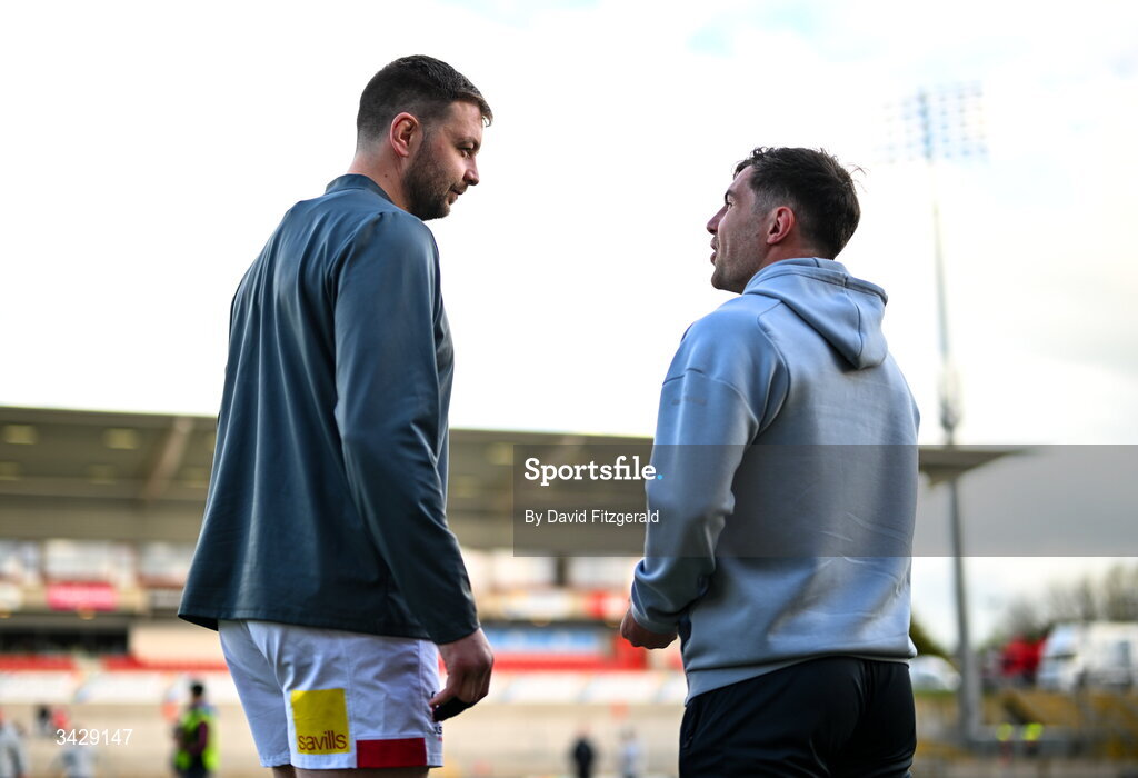 17 April 2026; Iain Henderson of Ulster and Luke McGrath of Leinster before the United Rugby Championship match between Ulster and Leinster at Affidea Stadium in Belfast. Photo by David Fitzgerald/Sportsfile