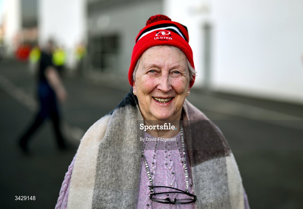 17 April 2026; An Ulster supporter arrives before the United Rugby Championship match between Ulster and Leinster at Affidea Stadium in Belfast. Photo by David Fitzgerald/Sportsfile
