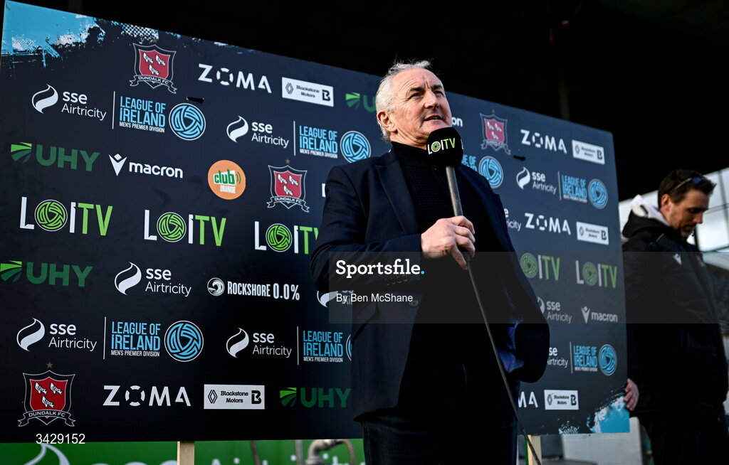 17 April 2026; Galway United manager John Caulfield is interviewed by LOITV before the SSE Airtricity Men's Premier Division match between Dundalk and Galway United at Oriel Park in Dundalk, Louth. Photo by Ben McShane/Sportsfile