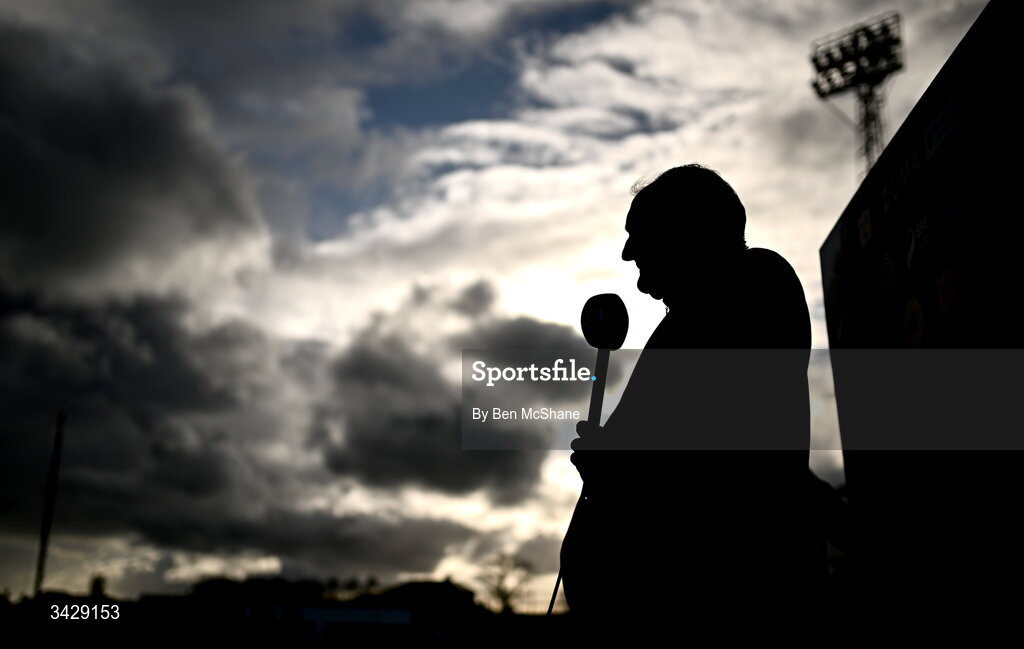17 April 2026; Galway United manager John Caulfield is interviewed by LOITV before the SSE Airtricity Men's Premier Division match between Dundalk and Galway United at Oriel Park in Dundalk, Louth. Photo by Ben McShane/Sportsfile