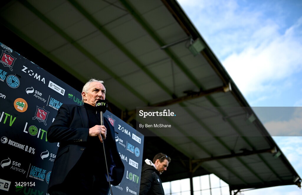 17 April 2026; Galway United manager John Caulfield is interviewed by LOITV before the SSE Airtricity Men's Premier Division match between Dundalk and Galway United at Oriel Park in Dundalk, Louth. Photo by Ben McShane/Sportsfile