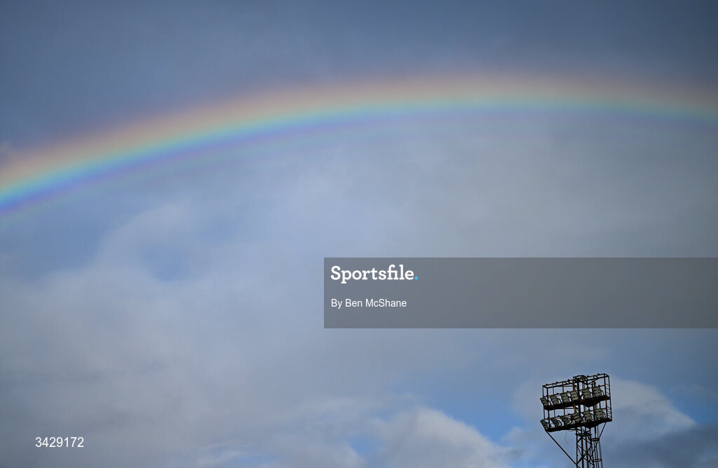 17 April 2026; A rainbow is seen over a floodlight in the town-end of Oriel Park before the SSE Airtricity Men's Premier Division match between Dundalk and Galway United at Oriel Park in Dundalk, Louth. Photo by Ben McShane/Sportsfile