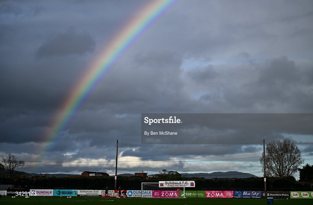 17 April 2026; A rainbow is seen over the town end of Oriel Park before the SSE Airtricity Men's Premier Division match between Dundalk and Galway United at Oriel Park in Dundalk, Louth. Photo by Ben McShane/Sportsfile