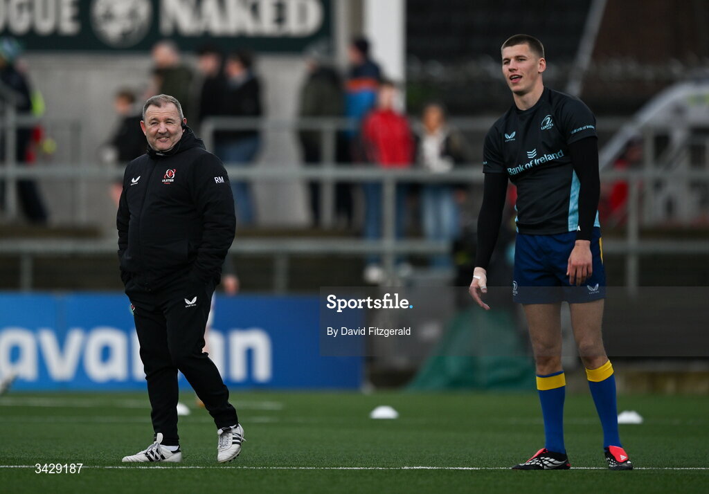 17 April 2026; Ulster head coach Richie Murphy and Sam Prendergast of Leinster before the United Rugby Championship match between Ulster and Leinster at Affidea Stadium in Belfast. Photo by David Fitzgerald/Sportsfile