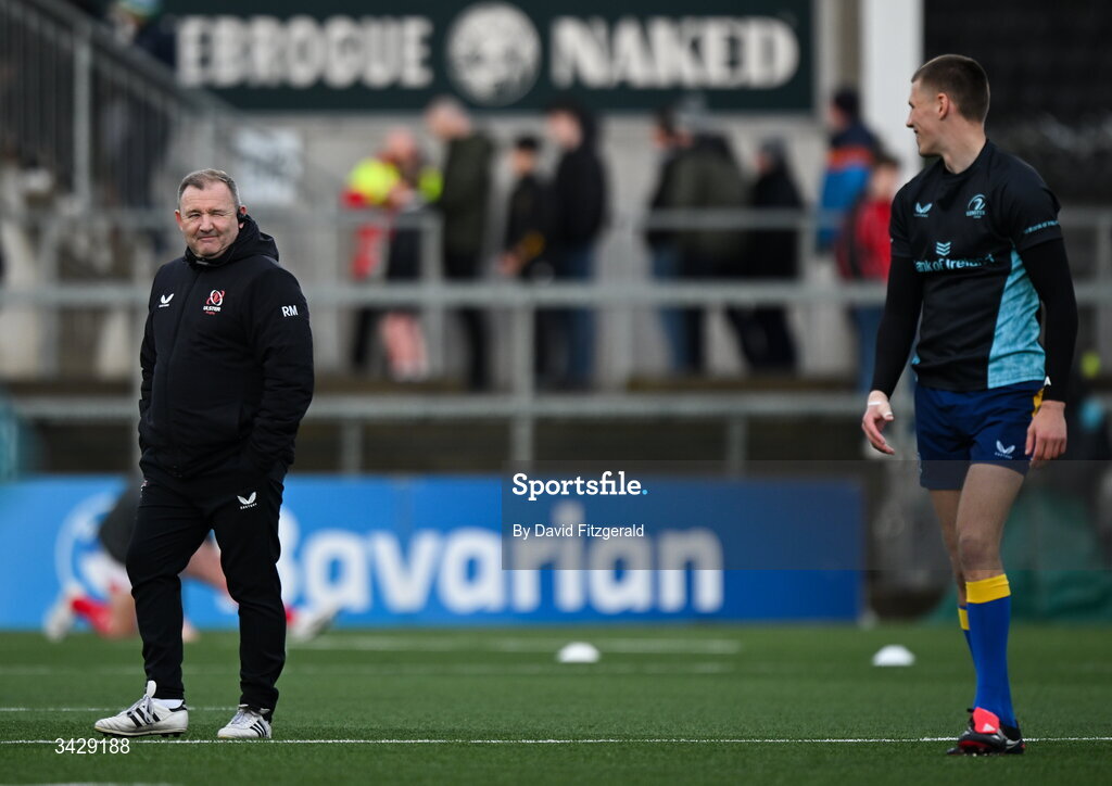 17 April 2026; Ulster head coach Richie Murphy and Sam Prendergast of Leinster before the United Rugby Championship match between Ulster and Leinster at Affidea Stadium in Belfast. Photo by David Fitzgerald/Sportsfile