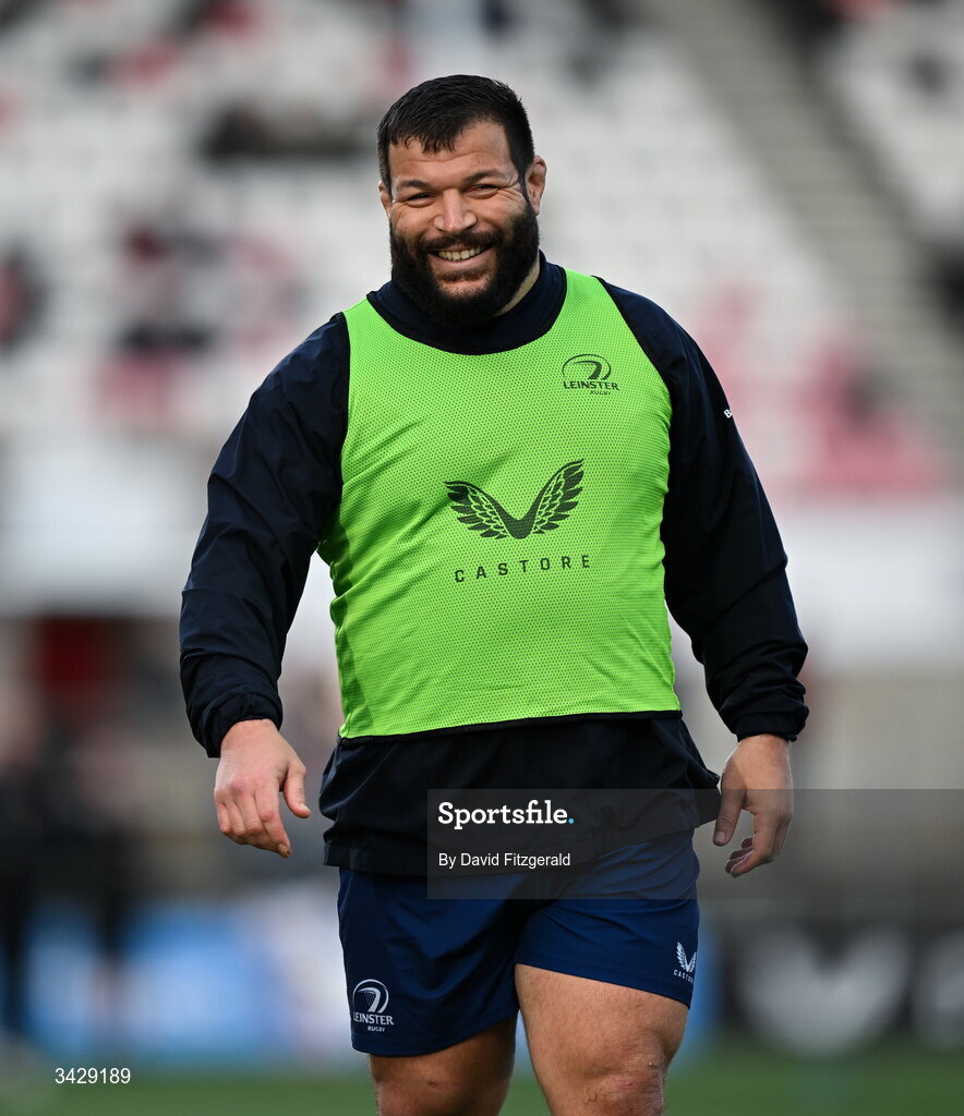 17 April 2026; Rabah Slimani of Leinster before the United Rugby Championship match between Ulster and Leinster at Affidea Stadium in Belfast. Photo by David Fitzgerald/Sportsfile