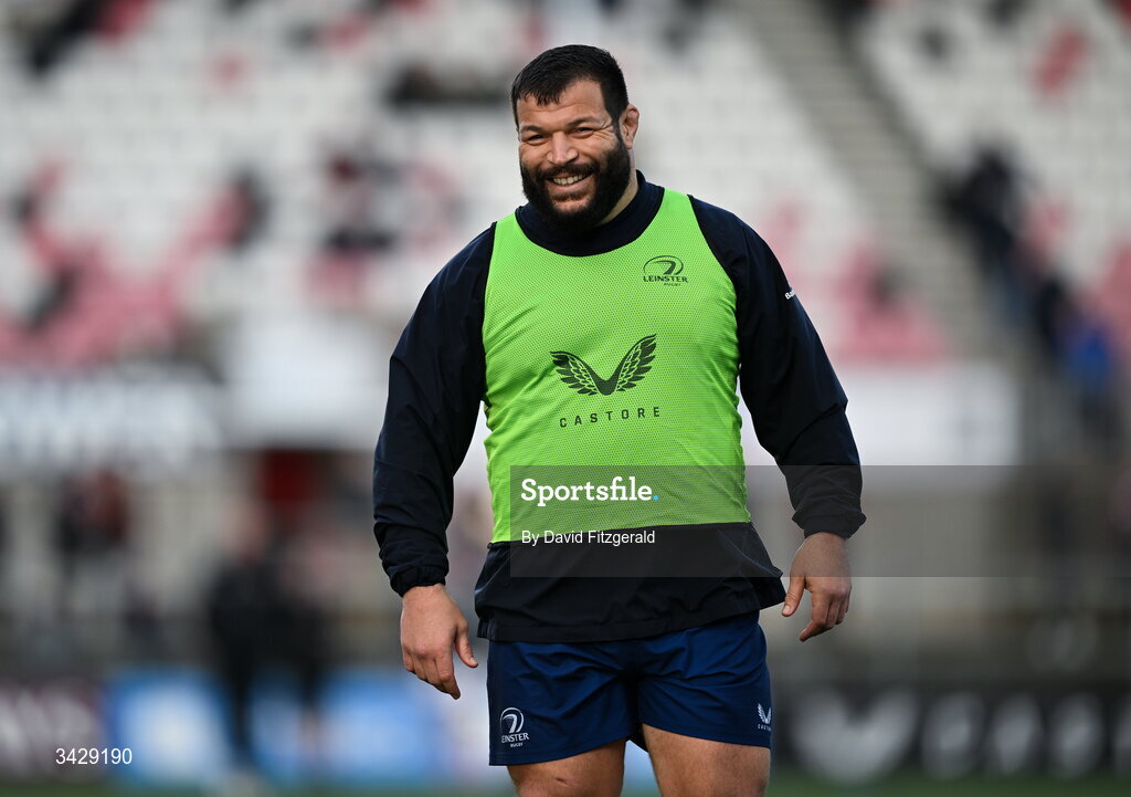 17 April 2026; Rabah Slimani of Leinster before the United Rugby Championship match between Ulster and Leinster at Affidea Stadium in Belfast. Photo by David Fitzgerald/Sportsfile