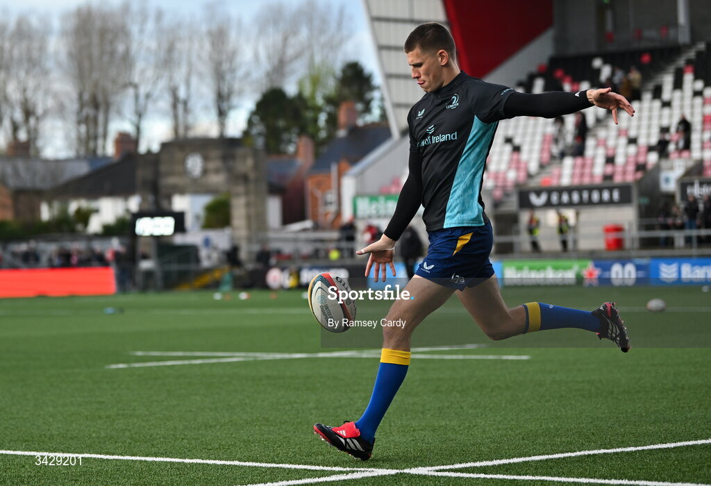 17 April 2026; Sam Prendergast of Leinster before the United Rugby Championship match between Ulster and Leinster at Affidea Stadium in Belfast. Photo by Ramsey Cardy/Sportsfile