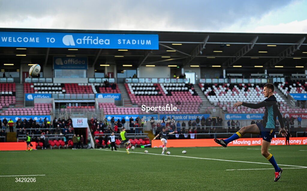17 April 2026; Sam Prendergast of Leinster before the United Rugby Championship match between Ulster and Leinster at Affidea Stadium in Belfast. Photo by Ramsey Cardy/Sportsfile