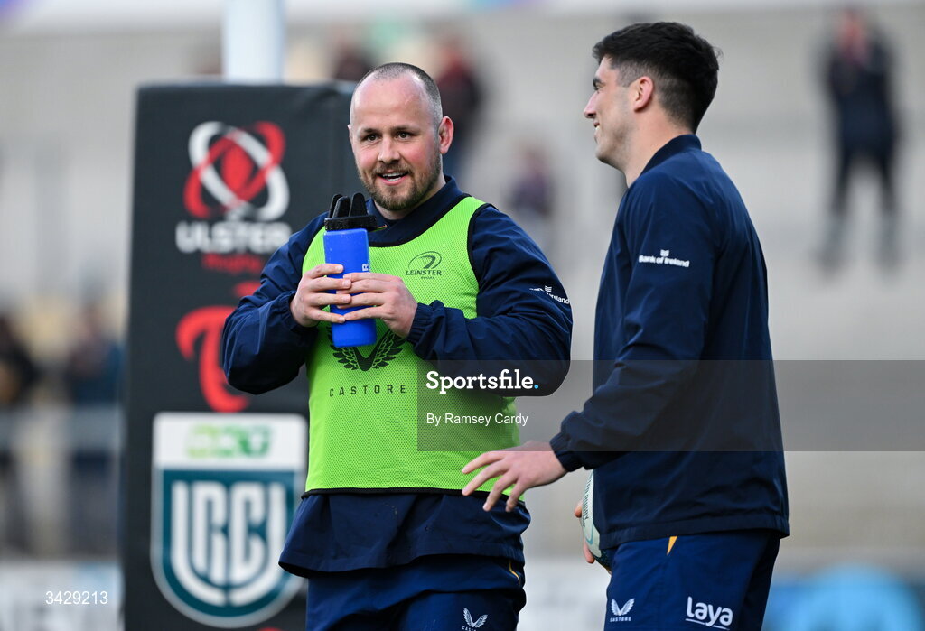 17 April 2026; Ed Byrne, left, and Jimmy O'Brien of Leinster before the United Rugby Championship match between Ulster and Leinster at Affidea Stadium in Belfast. Photo by Ramsey Cardy/Sportsfile