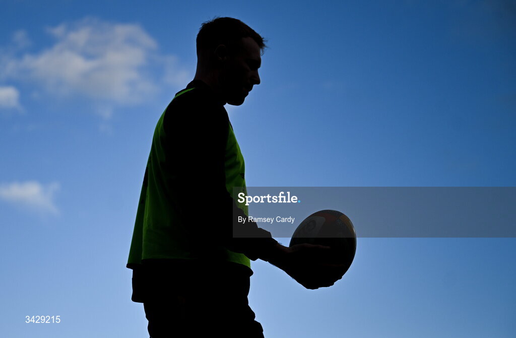 17 April 2026; Ciarán Frawley of Leinster before the United Rugby Championship match between Ulster and Leinster at Affidea Stadium in Belfast. Photo by Ramsey Cardy/Sportsfile