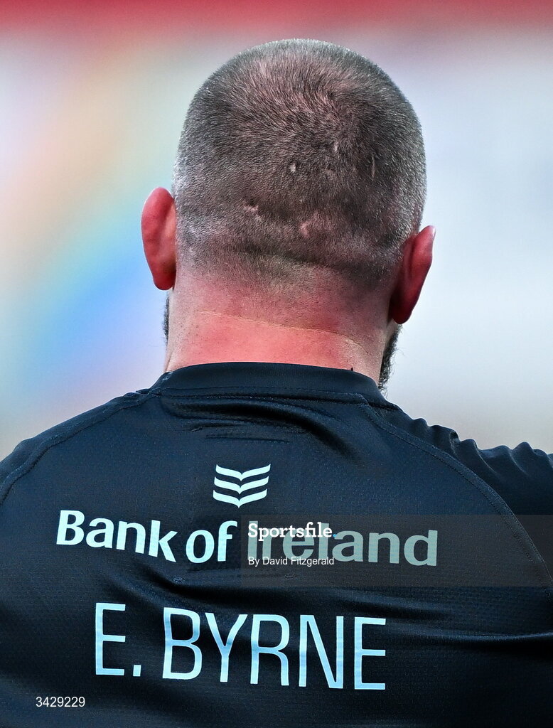 17 April 2026; Ed Byrne of Leinster before the United Rugby Championship match between Ulster and Leinster at Affidea Stadium in Belfast. Photo by David Fitzgerald/Sportsfile