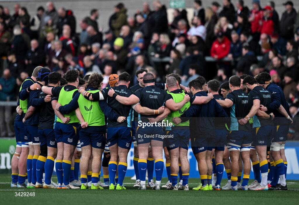 17 April 2026; Leinster players huddle before the United Rugby Championship match between Ulster and Leinster at Affidea Stadium in Belfast. Photo by David Fitzgerald/Sportsfile