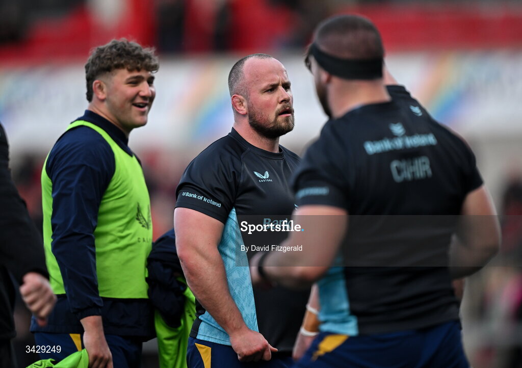17 April 2026; Ed Byrne of Leinster before the United Rugby Championship match between Ulster and Leinster at Affidea Stadium in Belfast. Photo by David Fitzgerald/Sportsfile
