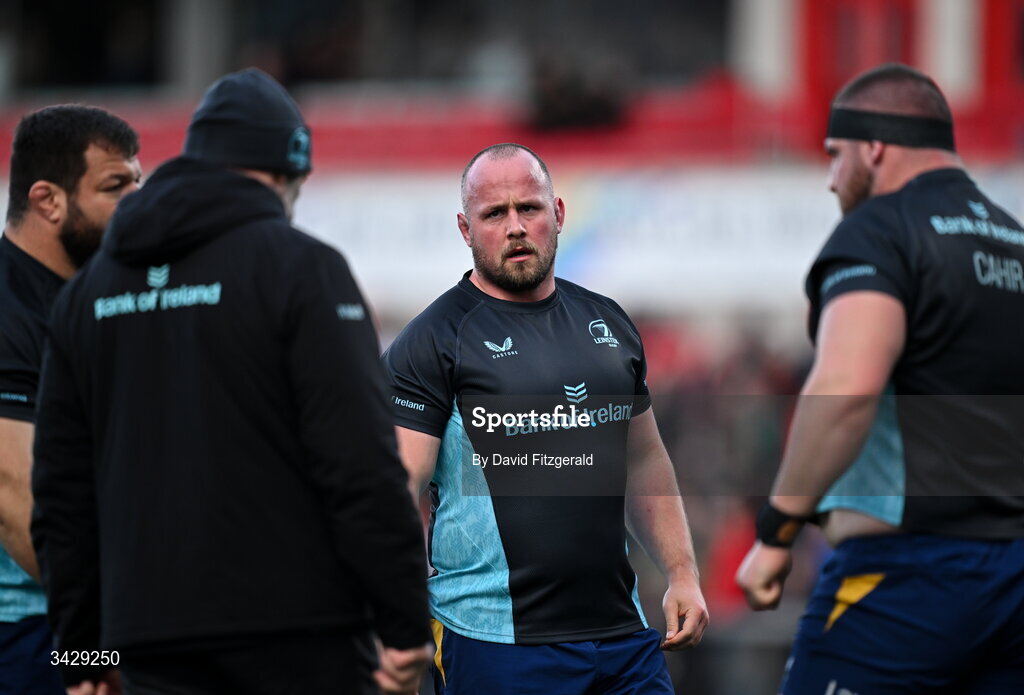 17 April 2026; Ed Byrne of Leinster before the United Rugby Championship match between Ulster and Leinster at Affidea Stadium in Belfast. Photo by David Fitzgerald/Sportsfile