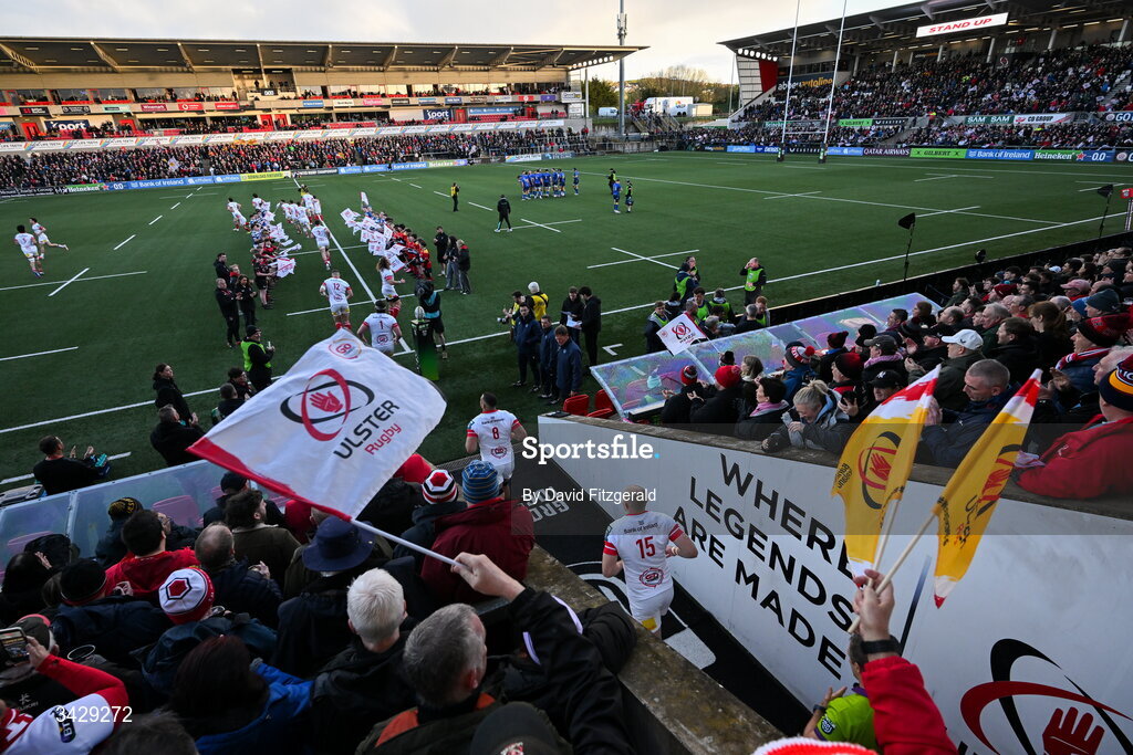 17 April 2026; Ulster players run out before during the United Rugby Championship match between Ulster and Leinster at Affidea Stadium in Belfast. Photo by David Fitzgerald/Sportsfile