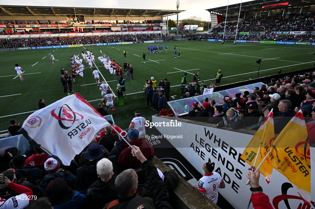 17 April 2026; Ulster players run out before during the United Rugby Championship match between Ulster and Leinster at Affidea Stadium in Belfast. Photo by David Fitzgerald/Sportsfile