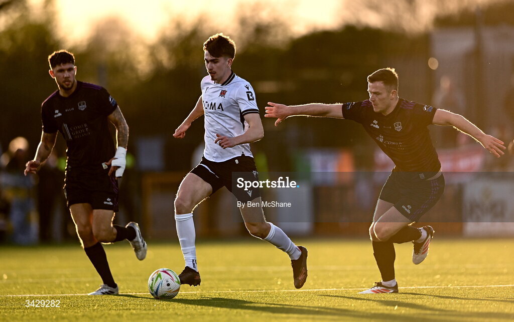 17 April 2026; Eoin Kenny of Dundalk in action against Killian Brouder of Galway United during the SSE Airtricity Men's Premier Division match between Dundalk and Galway United at Oriel Park in Dundalk, Louth. Photo by Ben McShane/Sportsfile