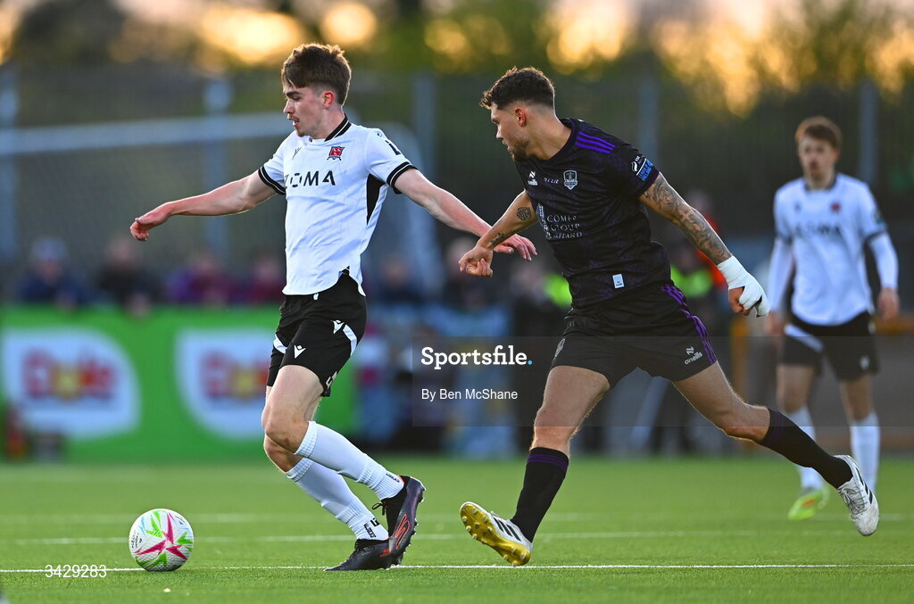 17 April 2026; Eoin Kenny of Dundalk in action against Matty Wolfe of Galway United during the SSE Airtricity Men's Premier Division match between Dundalk and Galway United at Oriel Park in Dundalk, Louth. Photo by Ben McShane/Sportsfile