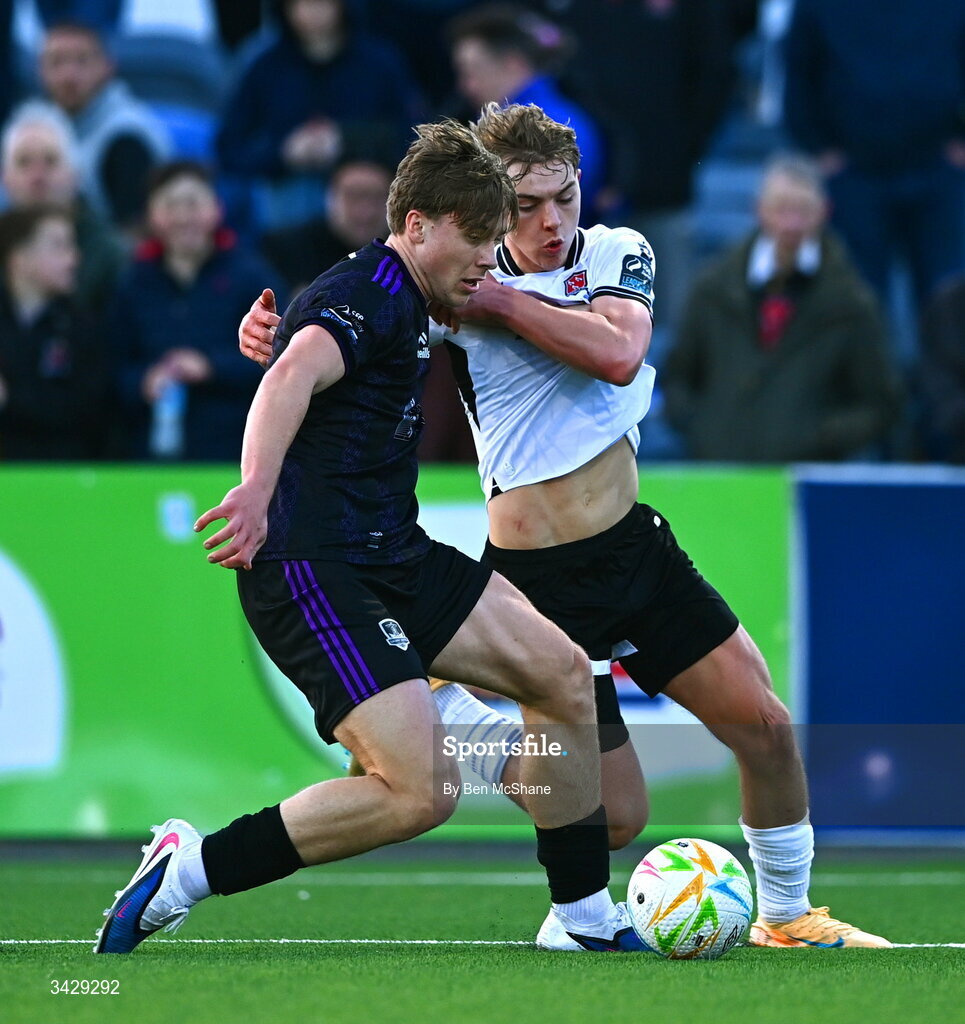17 April 2026; Arthur Parker of Galway United is tackled by Ronan Teahan of Dundalk during the SSE Airtricity Men's Premier Division match between Dundalk and Galway United at Oriel Park in Dundalk, Louth. Photo by Ben McShane/Sportsfile