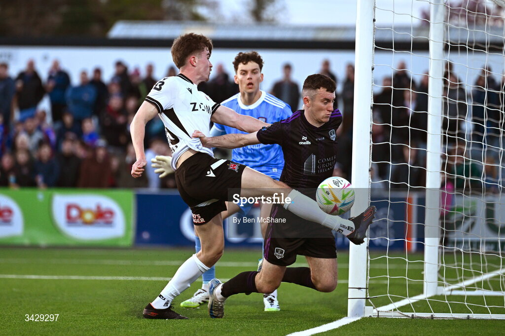 17 April 2026; Eoin Kenny of Dundalk in action against Lee Devitt of Galway United during the SSE Airtricity Men's Premier Division match between Dundalk and Galway United at Oriel Park in Dundalk, Louth. Photo by Ben McShane/Sportsfile