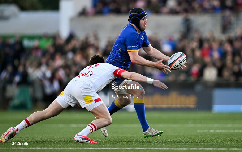 17 April 2026; James Culhane of Leinster is tackled by James Hume of Ulster during the United Rugby Championship match between Ulster and Leinster at Affidea Stadium in Belfast. Photo by Ramsey Cardy/Sportsfile