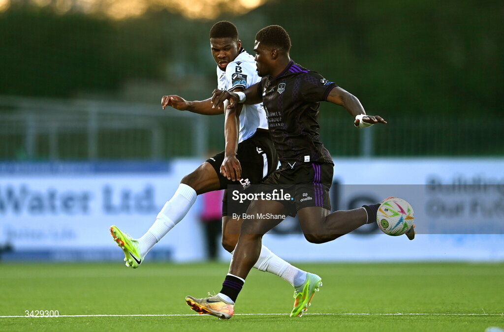 17 April 2026; Mayowa Animasahun of Dundalk in action against Frantz Pierrot of Galway United during the SSE Airtricity Men's Premier Division match between Dundalk and Galway United at Oriel Park in Dundalk, Louth. Photo by Ben McShane/Sportsfile