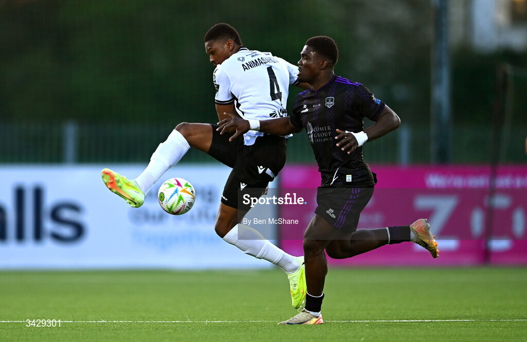 17 April 2026; Mayowa Animasahun of Dundalk in action against Frantz Pierrot of Galway United during the SSE Airtricity Men's Premier Division match between Dundalk and Galway United at Oriel Park in Dundalk, Louth. Photo by Ben McShane/Sportsfile
