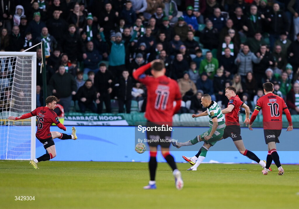 17 April 2026; Graham Burke of Shamrock Rovers shoots to score his side's first goal during the SSE Airtricity Men's Premier Division match between Shamrock Rovers and Bohemians at Tallaght Stadium in Dublin. Photo by Stephen McCarthy/Sportsfile