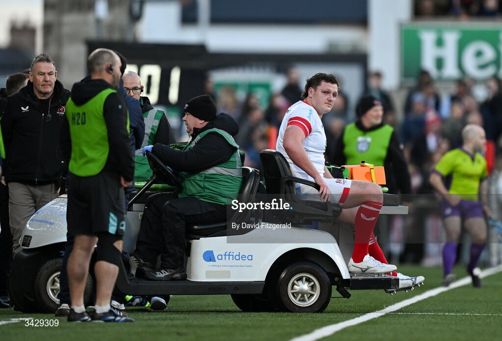 17 April 2026; Angus Bell of Ulster leaves the field with an injury during the United Rugby Championship match between Ulster and Leinster at Affidea Stadium in Belfast. Photo by David Fitzgerald/Sportsfile