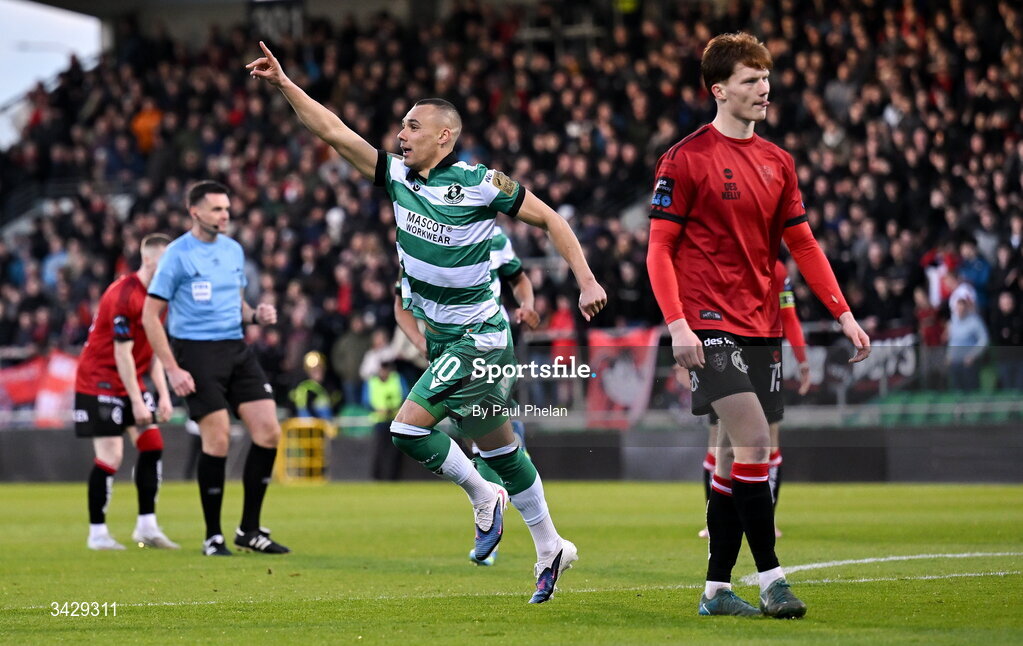 17 April 2026; Graham Burke of Shamrock Rovers celebrates after scoring his side's first goal during the SSE Airtricity Men's Premier Division match between Shamrock Rovers and Bohemians at Tallaght Stadium in Dublin. Photo by Paul Phelan/Sportsfile