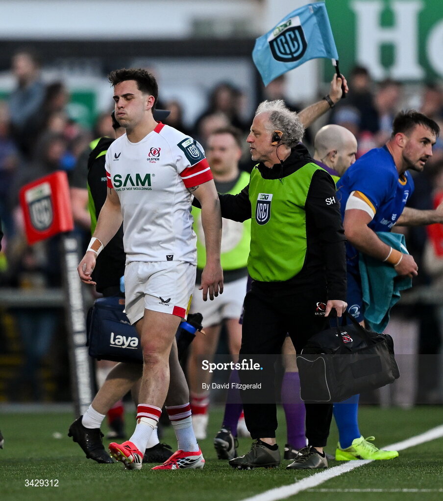 17 April 2026; James Hume of Ulster leaves the field with an injury during the United Rugby Championship match between Ulster and Leinster at Affidea Stadium in Belfast. Photo by David Fitzgerald/Sportsfile