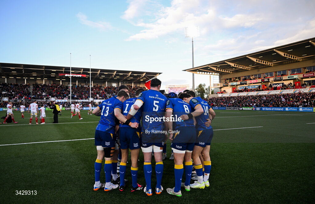 17 April 2026; The Leinster team huddle before the United Rugby Championship match between Ulster and Leinster at Affidea Stadium in Belfast. Photo by Ramsey Cardy/Sportsfile