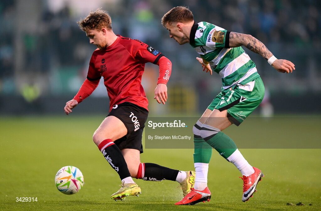 17 April 2026; Darragh Power of Bohemians in action against Danny Grant of Shamrock Rovers during the SSE Airtricity Men's Premier Division match between Shamrock Rovers and Bohemians at Tallaght Stadium in Dublin. Photo by Stephen McCarthy/Sportsfile