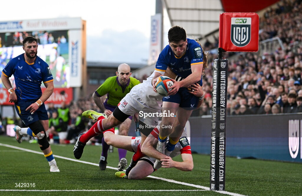 17 April 2026; Jimmy O'Brien of Leinster is tackled into touch by Werner Kok and Jacob Stockdale of Ulster during the United Rugby Championship match between Ulster and Leinster at Affidea Stadium in Belfast. Photo by Ramsey Cardy/Sportsfile