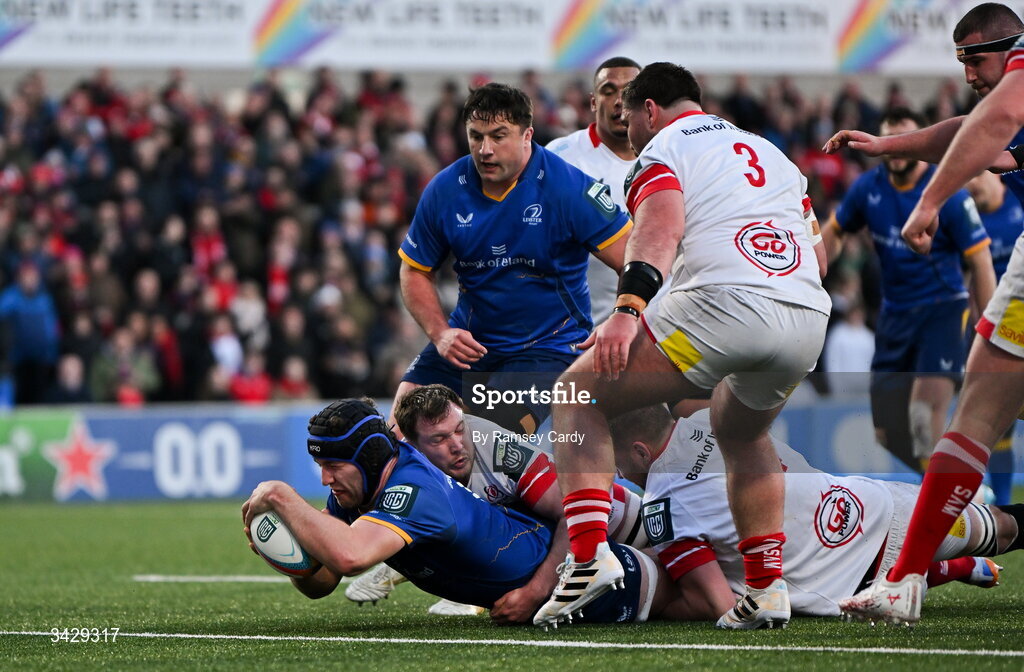17 April 2026; James Culhane of Leinster scores his side's first try during the United Rugby Championship match between Ulster and Leinster at Affidea Stadium in Belfast. Photo by Ramsey Cardy/Sportsfile